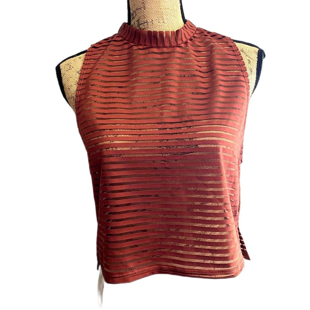 Onzie Edge Mesh Stripe‎ Crop Tank Rust Orange Mock Neck Athleisure Size Medium